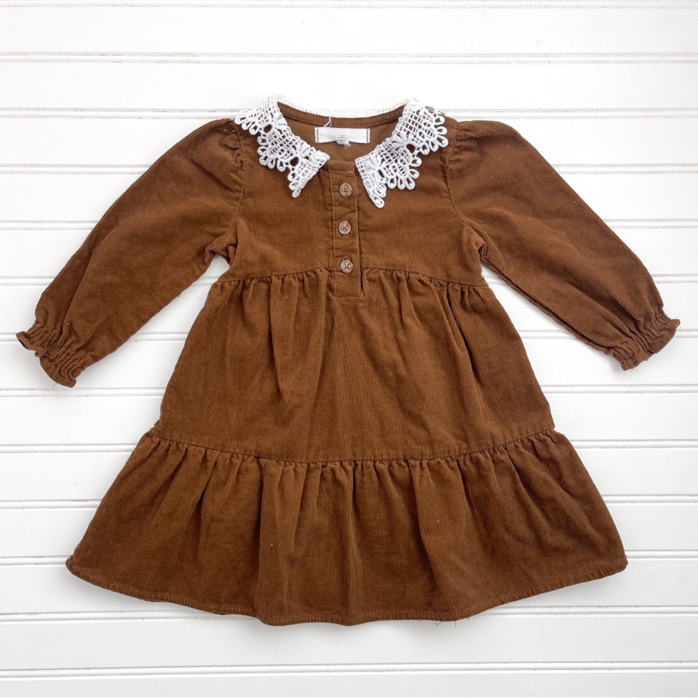 EUC Hand Crocheted Peter Pan Collar Fine Wale Corduroy Tiered Dress